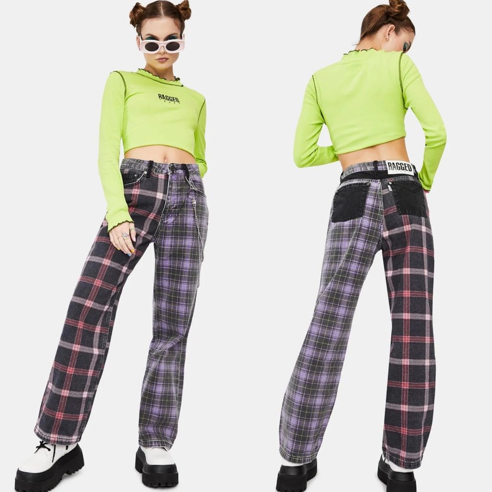The Ragged Priest Jekyl Mix Check Patchwork Check Straight Leg Dad Jeans Size 26